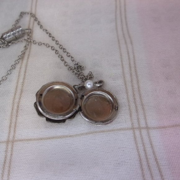 Pearl Accent Silver Tone Floret Locket Necklace - Picture 9 of 11